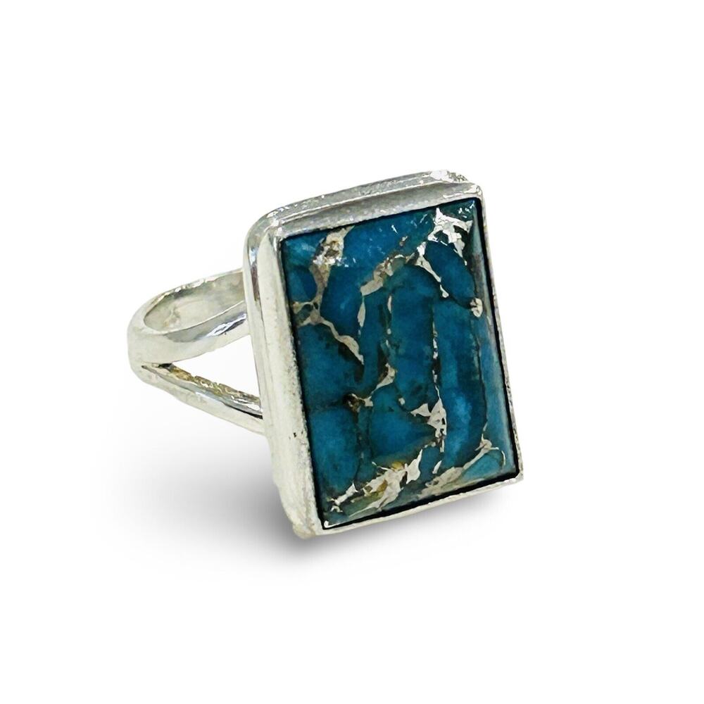 Turquoise Ring 925 Sterling Silver Rectangle Rectangular Stone Size 6.75”